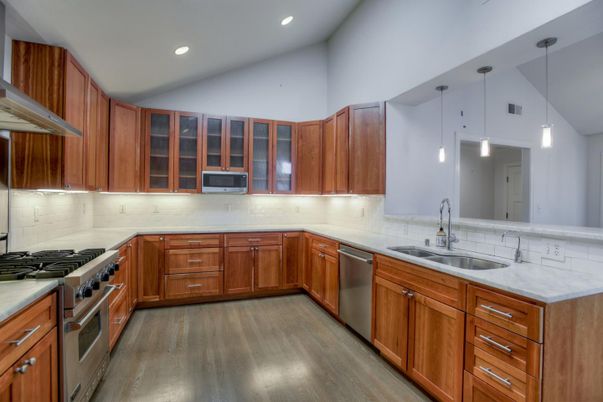 Interior, Kitchen, Pendant Lights, Recessed Lighting, Stainless Steel Appliances, Wood Texture Flooring