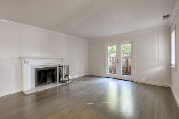 Empty room, Fireplace, Interior, Recessed Lighting, Wood Texture Flooring