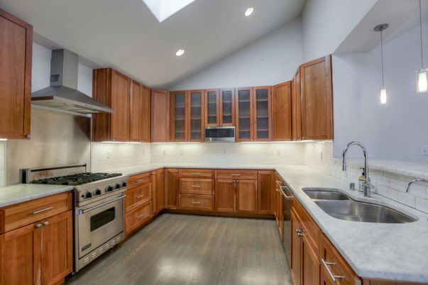 Interior, Kitchen, Pendant Lights, Recessed Lighting, Stainless Steel Appliances, Wood Texture Flooring