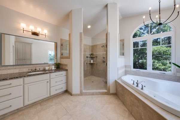 Bathroom, Dual Sink Vanities, Glass Shower, Interior, Pendant Lights, Recessed Lighting