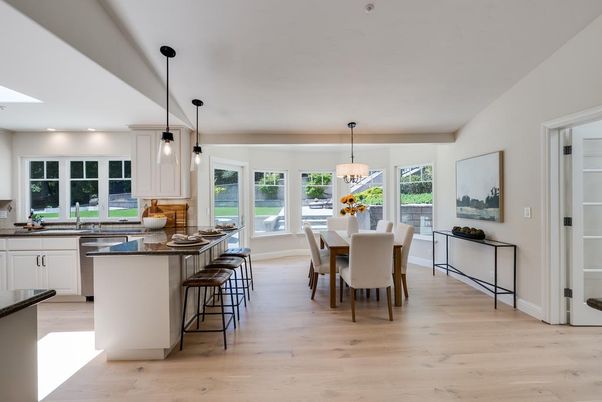 Dining room, Interior, Kitchen, Pendant Lights, Recessed Lighting, Wood Texture Flooring