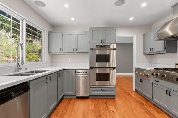 Interior, Kitchen, Recessed Lighting, Stainless Steel Appliances, Wood Texture Flooring