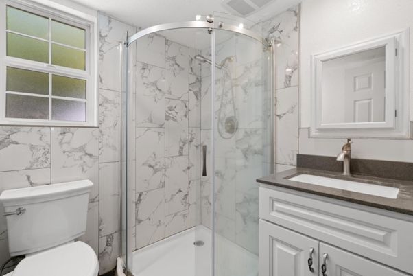 Bathroom, Glass Shower, Interior, Marble Walls