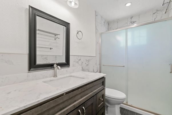 Bathroom, Glass Shower, Interior, Marble Walls, Recessed Lighting