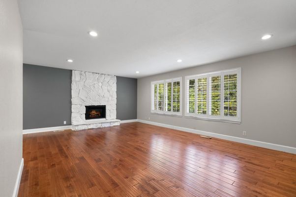 Empty room, Fireplace, Interior, Recessed Lighting, Wood Texture Flooring