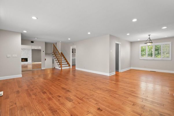 Empty room, Fireplace, Interior, Pendant Lights, Recessed Lighting, Wood Texture Flooring