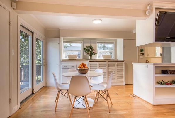 Dining room, Interior, Recessed Lighting, Wood Texture Flooring