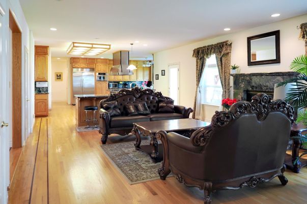 Fireplace, Interior, Kitchen, Living room, Pendant Lights, Recessed Lighting, Stainless Steel Appliances, Wood Texture Flooring