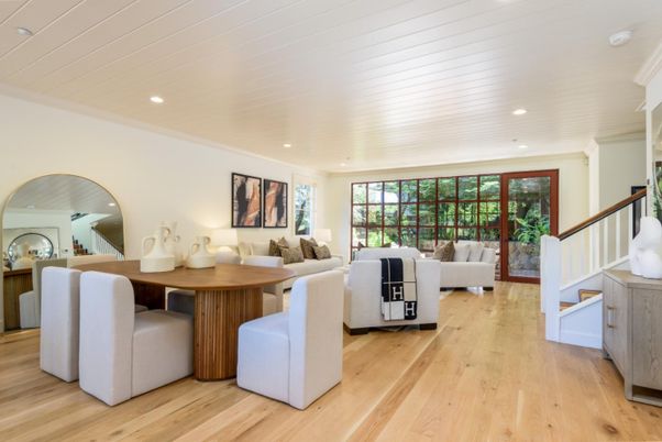 Dining room, Interior, Living room, Recessed Lighting, Wood Texture Flooring