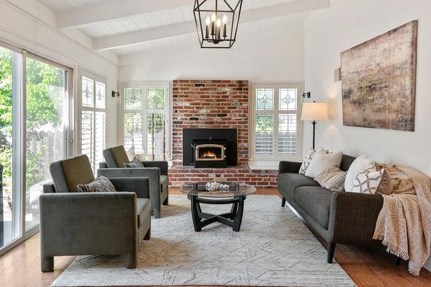 Fireplace, Interior, Living room, Pendant Lights, Stone Walls, Wood Texture Flooring