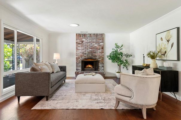 Fireplace, Interior, Living room, Recessed Lighting, Stone Walls, Wood Texture Flooring