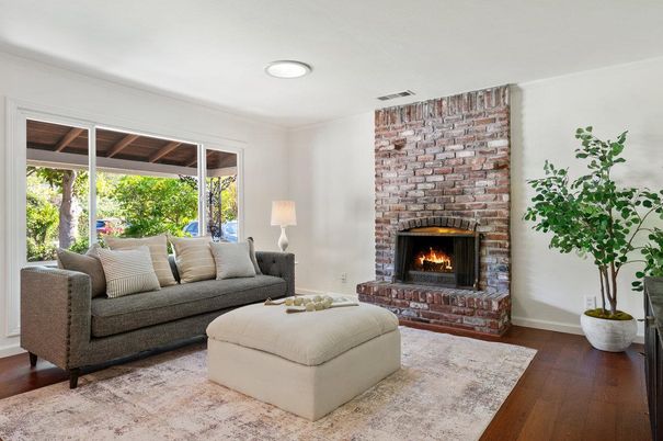 Fireplace, Interior, Living room, Recessed Lighting, Stone Walls, Wood Texture Flooring