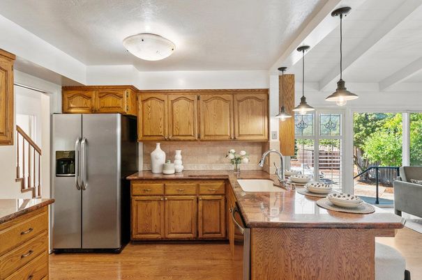 Interior, Kitchen, Pendant Lights, Stainless Steel Appliances, Wood Texture Flooring
