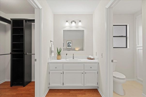 Bathroom, Interior, Tile Countertops, Wood Texture Flooring