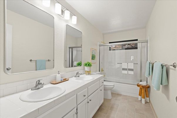Bathroom, Dual Sink Vanities, Glass Shower, Interior, Tile Countertops