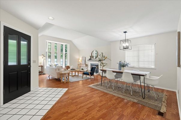 Dining room, Fireplace, Interior, Living room, Pendant Lights, Wood Texture Flooring