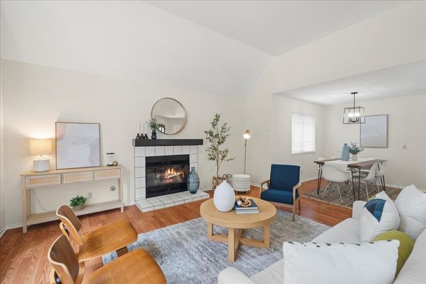 Dining room, Fireplace, Interior, Living room, Pendant Lights, Wood Texture Flooring