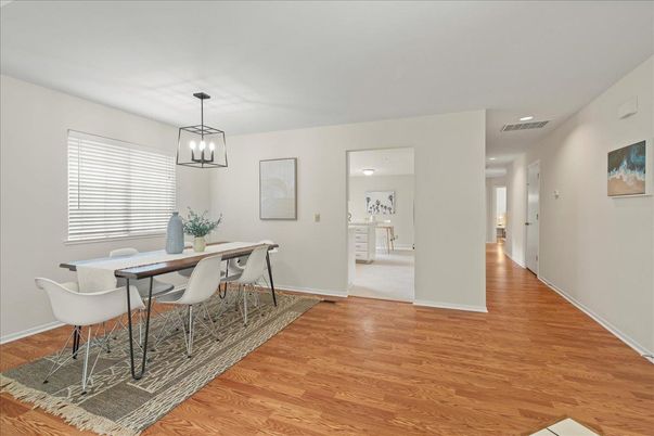 Dining room, Interior, Pendant Lights, Recessed Lighting, Wood Texture Flooring