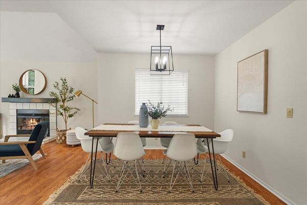Dining room, Fireplace, Interior, Pendant Lights, Wood Texture Flooring