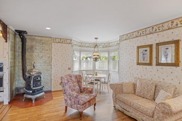 Dining room, Fireplace, Interior, Pendant Lights, Recessed Lighting, Wood Texture Flooring