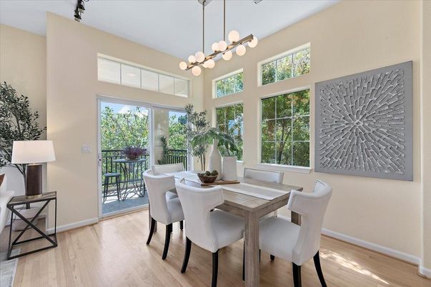 Dining room, Interior, Pendant Lights, Wood Texture Flooring