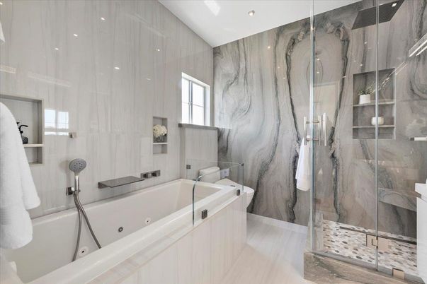 Bathroom, Glass Shower, Interior, Marble Walls, Recessed Lighting