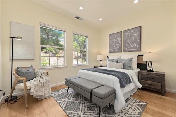 Bedroom, Interior, Recessed Lighting, Wood Texture Flooring