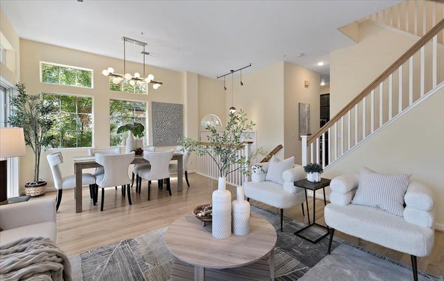 Dining room, Interior, Living room, Pendant Lights, Recessed Lighting, Wood Texture Flooring
