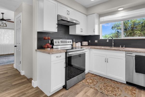 Interior, Kitchen, Recessed Lighting, Stainless Steel Appliances, Wood Texture Flooring