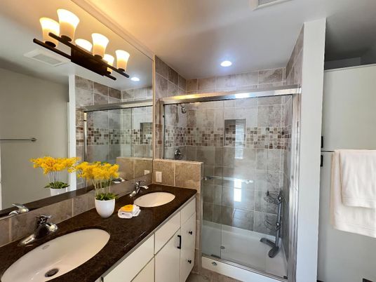 Bathroom, Dual Sink Vanities, Glass Shower, Interior, Recessed Lighting