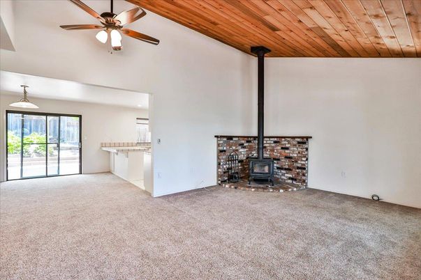 Empty room, Fireplace, Interior, Pendant Lights, Wooden Ceilings