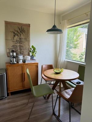 Dining room, Interior, Pendant Lights, Wood Texture Flooring