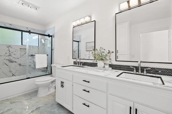 Bathroom, Dual Sink Vanities, Glass Shower, Interior, Marble Walls