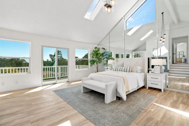 Bedroom, Interior, Pendant Lights, Wood Texture Flooring