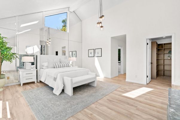 Bedroom, Interior, Pendant Lights, Wood Texture Flooring