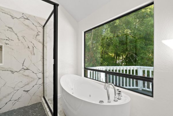 Bathroom, Free Standing Baths, Glass Shower, Interior, Marble Walls