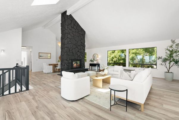 Fireplace, Interior, Living room, Stone Walls, Wood Texture Flooring
