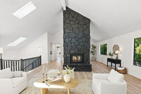 Fireplace, Interior, Living room, Stone Walls, Wood Texture Flooring