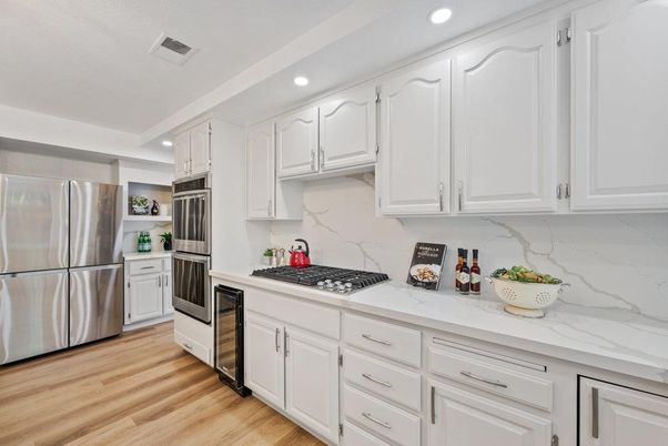 Interior, Kitchen, Recessed Lighting, Stainless Steel Appliances, Wood Texture Flooring