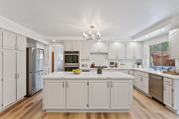 Chandelier, Interior, Kitchen, Recessed Lighting, Stainless Steel Appliances, Wood Texture Flooring