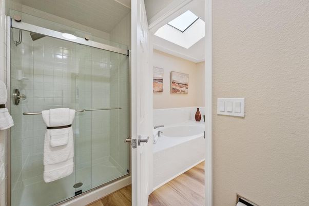 Bathroom, Glass Shower, Interior, Wood Texture Flooring