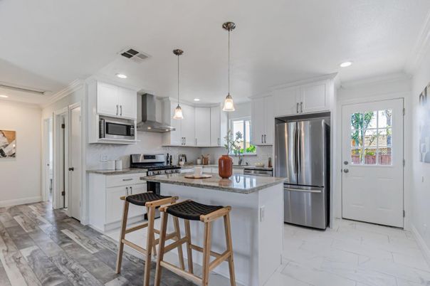 Interior, Kitchen, Marble, Pendant Lights, Recessed Lighting, Stainless Steel Appliances