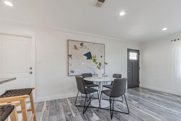 Dining room, Interior, Recessed Lighting, Wood Texture Flooring