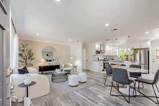 Dining room, Interior, Kitchen, Living room, Pendant Lights, Recessed Lighting, Stainless Steel Appliances, Wood Texture Flooring