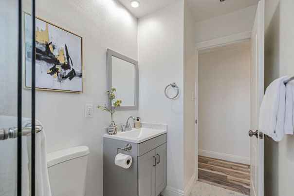 Bathroom, Interior, Marble, Recessed Lighting, Wood Texture Flooring
