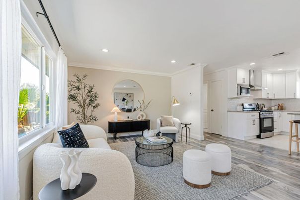 Interior, Kitchen, Living room, Recessed Lighting, Stainless Steel Appliances, Wood Texture Flooring