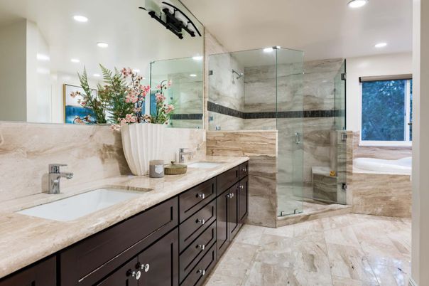 Bathroom, Dual Sink Vanities, Glass Shower, Interior, Recessed Lighting