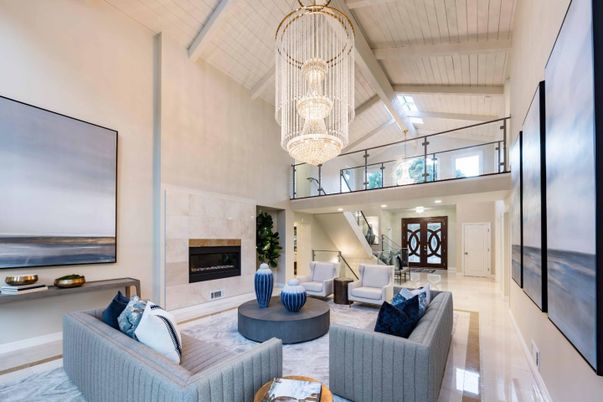 Chandelier, Fireplace, Interior, Living room, Recessed Lighting