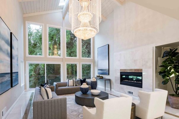 Chandelier, Fireplace, Interior, Living room
