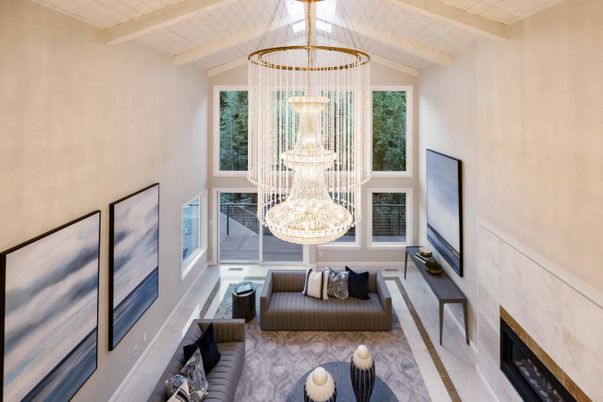 Chandelier, Fireplace, Interior